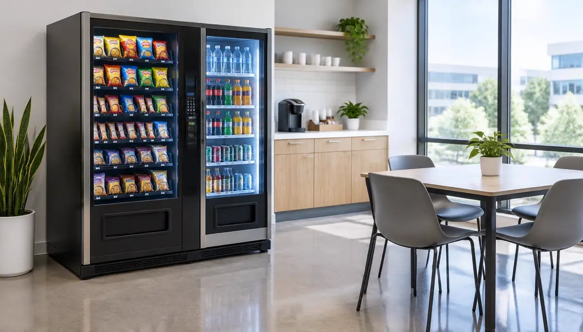 A snack vending machine and a drink vending machine side by side in a bright break room with a table and chairs